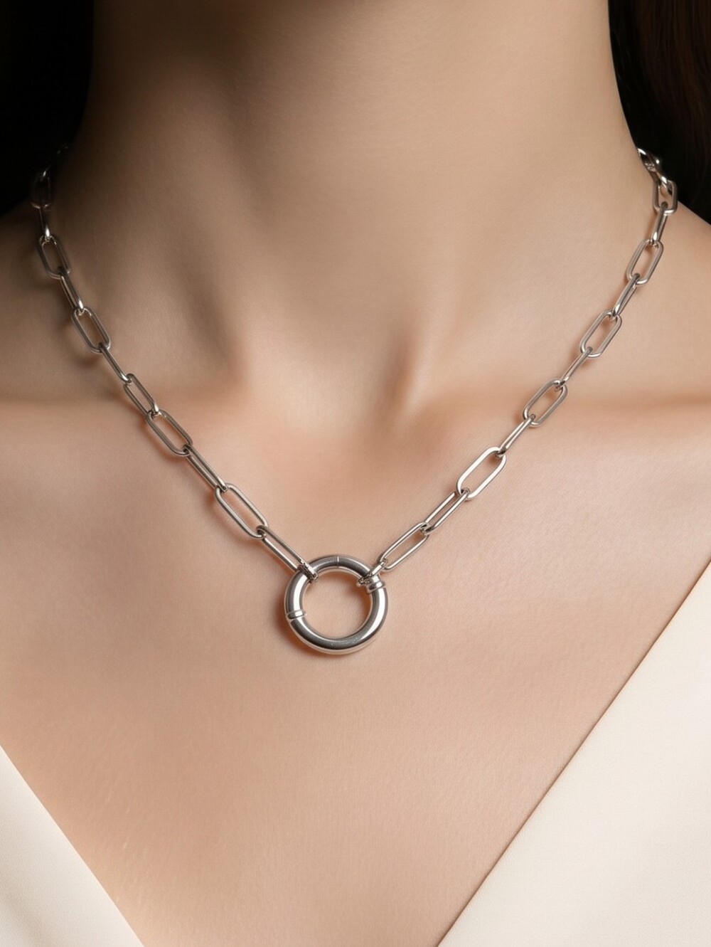 Paperclip Chain Necklace O-Ring Carabiner Stainless Steel Charm Holder Minimal